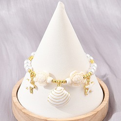 Blanc Bracelets à breloques en forme d'étoile de mer, en laiton émaillé, pour femmes, bracelets ronds en ABS avec imitation perles, crémaillère plaquage, plaqué longue durée, sans cadmium et sans plomb, réel 18 k plaqué or, blanc, 7.36 pouce (18.7 cm)