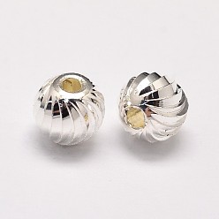 Silver PVD Vacuum Plating Brass Corrugated Round Beads, Cadmium Free & Lead Free, Silver Color Plated, 8mm, Hole: 2mm