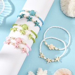 Mixed Color Summer Dyed Synthetic Turquoise & Natural Pearl & Seed Bead Stretch Beaded Anklets, Turtle Starfish Adjustable Stackable Bracelets, Golden, Mixed Color, Inner Diameter: 2.17 inch(5.5cm), about 2pcs/color