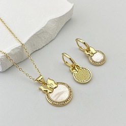 Бабочка Комплект украшений из латуни с микропаве из кубических цирконий и ракушек, серьги и ожерелья, золотые, бабочка, Ожерелья: 450 mm, Серьги: 35 mm