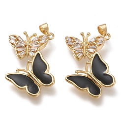Черный Латунные микро проложить кубического циркония подвески, с эмалью, реальный 18 k позолоченный, двойная бабочка, чёрные, 29x30x3 мм, отверстие : 3.5x5 мм