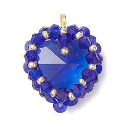 Королевский синий Латунь стекло кулоны, сердце, с & стеклянным бисером, граненые, королевский синий, 26x20.5x9.5 мм, отверстие : 3.5x2.5 мм