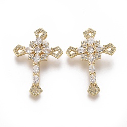 Real 18K Gold Plated Brass Micro Pave Cubic Zirconia Pendants, Cross, Clear, Real 18K Gold Plated, 35.5x25x5mm, Hole: 2x2.8mm