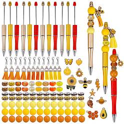 Желтый Набор для изготовления ручки из бисера своими руками, включая натуральное дерево, стекло, полимерную глину, смолу и европейский бисер, пластиковые шариковые ручки, подвески с эмалью и кисточками из сплава сердце и улыбающееся лицо и пчелы, желтые, 142 шт / коробка
