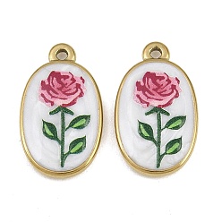 Flor Colgantes de acero inoxidable esmaltados impresos 304, encantos ovales, revestimiento de iones (ip), real 18 k chapado en oro, encantos de la flor, 23x13.5x3.5 mm, agujero: 1.6 mm