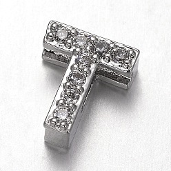 Letter T Platinum Plated Brass Micro Pave Cubic Zirconia Letter Slide Charms, Letter.T, 9x8x4.5mm, Hole: 4.5x1.5mm