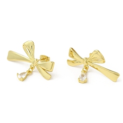 Golden Brass Stud Earrings, with Clear Cubic Zirconia for Women, Bowknot, Golden, 23x32mm