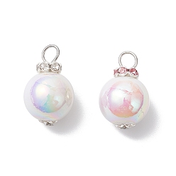 White Imitation Pearl Acrylic Pendants, Round, with Brass Rhinestone Spacer Beads and Iron Flat Head Pins, White, 25.5x16mm, Hole: 4.5mm, 2pcs/set