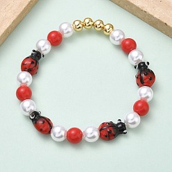 Красный Женские браслеты из латуни, лэмпворка и искусственного жемчуга с эластичными бусинами, коровка, стойки покрытие, без свинца и без кадмия, долговечный, реальный 18 k позолоченный, красные, внутренний диаметр: 2 дюйм (5.05 см)