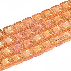 Шоколадный Гальванизируйте прозрачное стекло бисер нитей, квадратные с цветком, с половиным покрытием, цвет шоколада, 11x11x4 мм, отверстие : 1 мм, около 59~61 шт / нитка, 25.59~26.38 дюйм (65~67 см)