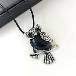Обсидиан Подвеска в виде совы из натурального обсидиана, черный искусственный кожаный шнур, ожерелья для женщин, античное серебро, 16.93 дюйм (43 см)