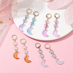 Mixed Color 4 Pairs 4 Color Moon & Star Glass Dangle Leverback Earrings, 304 Stainless Steel Drop Earrings, Mixed Color, 55x11mm, 1 Pair/color