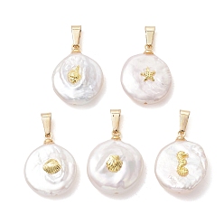 Mixed Shapes Подвески из натурального барочного жемчуга кеши, Круглые подвески в виде монет с фрагментами сплава, изображающими морских животных., белые, разнообразные, 19~20x15~16x5~7 мм, отверстие : 5x2 мм