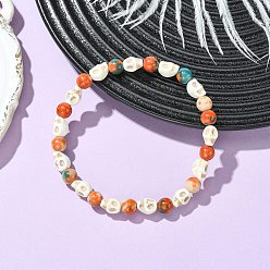 Разноцветный Браслеты из синтетических бирюзовых и белых нефритовых бусин, эластичные, для женщин и мужчин., круглый и череп, красочный, внутренний диаметр: 2.19 дюйм (5.55 см)