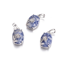 (306FM) Жонкиль матовый с лаймовой подкладкой Натуральные синие пятна яшмы подвески, с латунной фурнитурой платинового цвета, овальные с цветком, 22x13.8x10.3 мм, отверстие : 6x3.5 мм