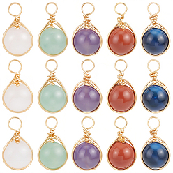 Смешанные камни 20 шт. 5 стили подвески из натурального зеленого авантюрина, розового кварца, окрашенного синего тигрового глаза, красной яшмы и аметиста, круглые подвески с медной проволокой, золотые, 17.5x9.5x8.5 мм, отверстие : 3.3 мм, 4 шт / стиль