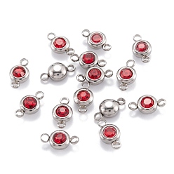 Красный Плоские круглые 304 из нержавеющей стали кубического циркония ссылки, цвет нержавеющей стали, красные, 12x6.5x4 мм, отверстие : 2 мм