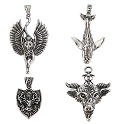 Античное Серебро 4 шт. 4 стиль 304 большие подвески из нержавеющей стали, щит и бафомет и бастет и форма кита, античное серебро, 57x30x12~13 мм, отверстие : 10 мм, 1 шт / стиль