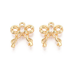 Настоящее золото 18K Подвески из латуни с прозрачным фианитом, бантом прелести, без никеля , реальный 18 k позолоченный, 14x12x3.5 мм, отверстие : 1.4 мм