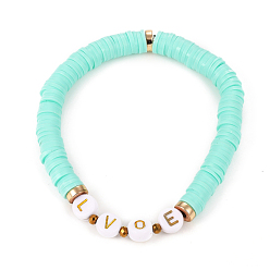 Turquoise Pâle Bracelets élastiques faits à la main de perles heishi en pâte polymère, pour Saint Valentin, laiton perles d'espacement, des billes de verre et des perles d'acrylique de placage, mot d'amour, turquoise pale, diamètre intérieur: 2-1/8 pouce (5.5 cm)