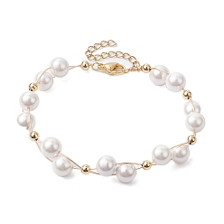 Golden 8mm Round Shell Pearl Copper Wire Wrapped Link Bracelet for Women, Golden, 7-3/4 inch(19.8cm)