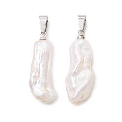 Нержавеющая Сталь Цвет Подвески из натурального барочного жемчуга кеши, подвески-палочки с 201 защелкивающимися креплениями из нержавеющей стали, белые, цвет нержавеющей стали, 26~27x10x5~6.5 мм, отверстие : 5x3.5 мм