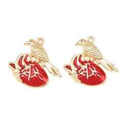 Golden Rack Plating Alloy Enamel Pendants, Heart with Bird Charms, Cadmium Free & Nickel Free & Lead Free, Golden, 27x28x4mm, Hole: 1.8mm