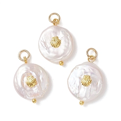 Золотой Натуральные кеши жемчужные подвески, плоские круглые подвески с кусочками ракушки из сплава, цветочный белый, золотые, 20~21x14.5~15x4~5.5 мм, Перейти кольцо: 5x0.8 мм, внутренний диаметр: 3.3 мм