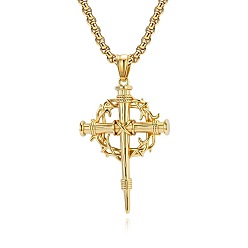 Golden 304 Stainless Steel Necklaces, Thorns Nail Cross Pendant Necklaces for Men, Golden, 23.62 inch(60cm)