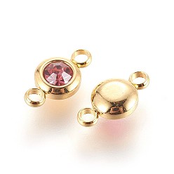 Rose 304 Stainless Steel Rhinestone Links connectors, Flat Round, Golden, Rose, 12x6.5x4mm, Hole: 2mm