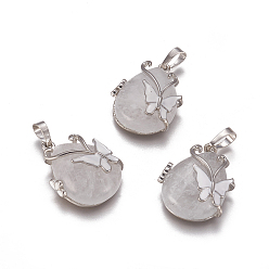 Хрусталь Природного кварца хрустальных подвесок, подвески из горного хрусталя, с результатами эмали и латуни, слеза, с бабочкой, платина, 30x23.5x12 мм, отверстие : 10x6 мм