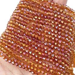 Темно-Оранжевый Прозрачные стеклянные бусины гальваническим пряди, с полным покрытием цвета радуги, граненые, двухконусные, темно-оранжевый, 3.5~3.8x3.2 мм, отверстие : 0.8 мм, около 107~110 шт / нитка, 32.5~34 см