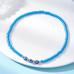 Темно-Голубой Стеклянный бисер стрейч браслеты, Украшения из круглых бусин в технике лэмпворк с изображением сглаза для женщин, глубокое синее небо, бусины : 4~4.5 мм и 2.5x2 мм, внутренний диаметр: 2.22 дюйм (5.65 см)