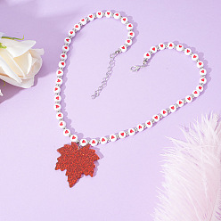 Темно-Красный Подвеска в виде кленового листа из сплава и акрила, бусы в форме сердца, посвященные Дню благодарения, для женщин., платина, темно-красный, 17.72 дюйм (45 см), подвеска: 45x40 мм.