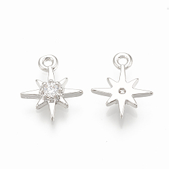 Real Platinum Plated Brass Cubic Zirconia Charms, Star, Nickel Free, Real Platinum Plated, 10.5x8.5x2mm, Hole: 1mm
