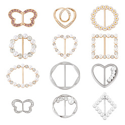 Mixed Color 12Pcs 12 Styles Alloy Buckles, with Plastic Imitation Pearl & Rhinestone, for Strap Belt, Garment Accessories, Mixed Shapes, Mixed Color, 33.5~50x35.5~52.5x2~10mm, 1pc/style