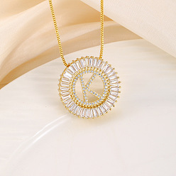 Letter K Кольцо из латуни с прозрачными кубическими цирконами и подвеской в виде буквы, цепочка-коробка, золотые, Письмо K, 17.72 дюйм (45 см)