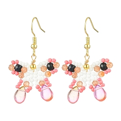 Солнечный Камень Серьги-подвески из синтетического голубого золота и натурального солнечного камня, со стеклянными бусинами и 304 крючками для сережек из нержавеющей стали, бабочка, 42x26~27 мм