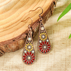 (123L) Белый крем непрозрачный блеск Серьги-подвески из богемского сплава с эмалью, со стразами, слезинка с цветочным узором, Красная медь, огнеупорный кирпич, 55x17 мм