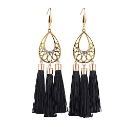 Black Polyester Tassel Dangle Earrings, with Alloy Cubic Zirconia Pendant and 316 Surgical Stainless Steel Earring Hooks, Teardrop, Golden, Black, 123~124mm, pin: 0.7mm