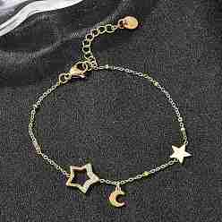 Настоящее золото 18K 304 браслеты из нержавеющей стали с микро-паве из звеньев для женщин, звезда и луна, ионное покрытие (ip), реальный 18 k позолоченный, 6-5/8 дюйм (16.7 см)