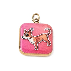 Hot Pink Printed 304 Stainless Steel Pendants, Square with Dog Chihuahua Charms, Ion Plating(IP), Long-Lasting Plated, Golden, Hot Pink, 16.5x14x3mm, Hole: 2.5mm