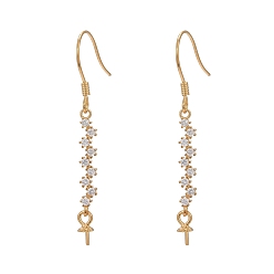 Golden 925 Sterling Silver Dangle Earring Findings, with Cubic Zirconia, For Half Drilled Beads, Clear, Golden, 40x3mm, 24 Gauge, Pin: 0.5mm