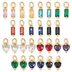(52) Непрозрачная лаванда 28 шт. 14 цвета латунные подвески из фианита с микропаве, очарование камня, долговечный, с целью перехода в кольце, реальный 18 k позолоченный, прямоугольник и сердце, разноцветные, 8~10x3~5x3~3.5 мм, отверстие : 3 мм