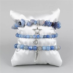 Blue Agate 3 Браслеты из сплава и бусин из натурального синего агата с подвесками, эластичные браслеты для женщин, лист, луна и звезда, 7.48 дюйм (19 см)