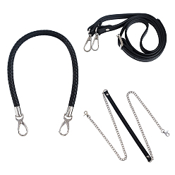 Black Imitation Leather Bag Handles, Length Adjustable Bag Strap Single Shoulder Belts, with Alloy and Iron Findings, Black, 890~1090x14x3mm, 590~592x11~12mm, 1215x12x3mm, 4pcs/set