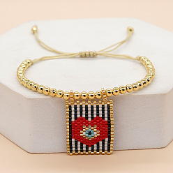 Красный Браслеты ручной работы из стеклянного бисера с подвесками, Плетеные латунные круглые бусины для женщин, с полиэфирным кордом, Прямоугольник с сердцем, красные