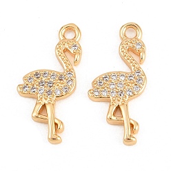 Настоящее золото 18K Латунные микропаве прозрачные подвески с фианитом, без никеля , подвески в форме фламинго, реальный 18 k позолоченный, 18x8x2 мм, отверстие : 1.4 мм