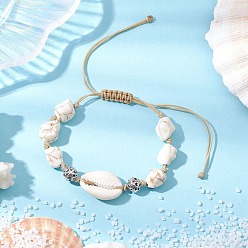 (7BDF) Прозрачный морозный бирюзовый Регулируемые синтетические бирюзовые бусины и натуральные бусины из ракушек каури плетеные браслеты для женщин, с тибетском стиле сплава бисером, призрачный белый, внутренний диаметр: 2-1/8~6-1/8 дюйм (55~155мм)