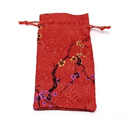 Красный Шелковые мешки, сумка для шнурка, прямоугольник с рисунком цветков сливы, красные, 16.3x7.8x0.4 см